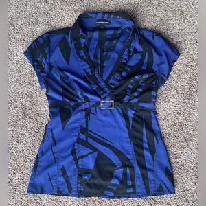 Express Office Siren Y2K Blue and Black Abstract Belted Top